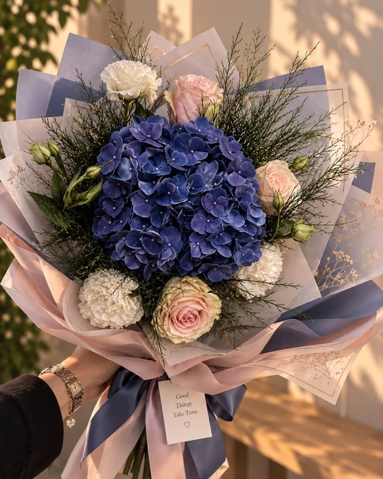 Buchet Albastru rar, hortensie albastră, trandafiri și lisianthus, disponibil la automatul Pipo din Chiajna Shopping Center