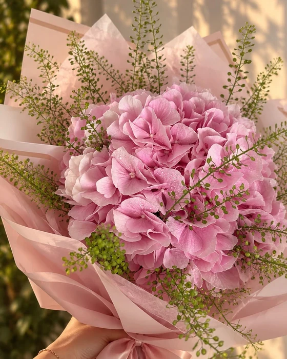 Buchet Hortensia roz, hortensie roz cu verdeață proaspătă, disponibil la automatul Pipo din Chiajna Shopping Center