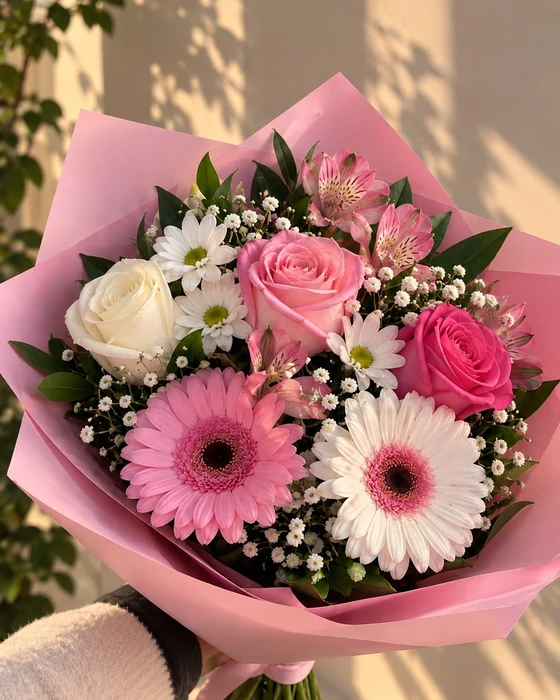 Buchet Tandrețe, trandafiri, gerbera și alstroemeria, disponibil la automatul Pipo din Chiajna Shopping Center